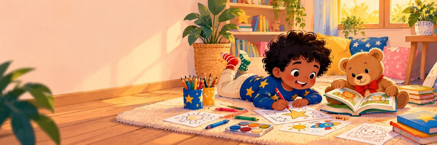Chacha, allongé sur un tapis avec Caramel, colorie des dessins entouré de crayons et de livres