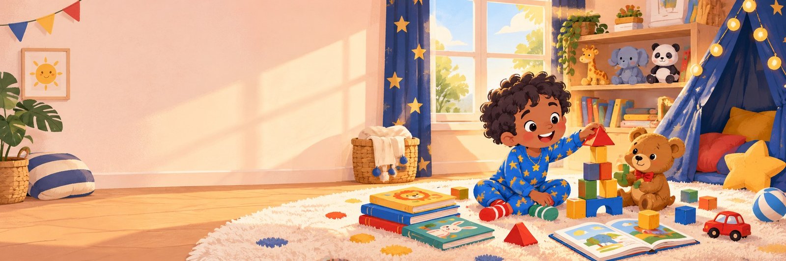 Chacha construit une tour de cubes dans sa chambre, à côté de Caramel