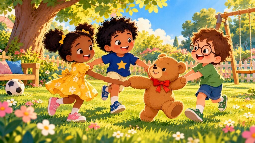 Chacha, son ours Caramel et deux amis font une ronde en riant dans un jardin ensoleillé