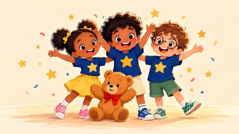 Chacha et deux amis, en t-shirt bleu à étoile jaune, lèvent les bras de joie à côté de Caramel