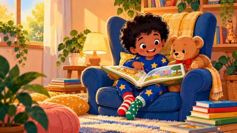 Chacha, en pyjama bleu à étoiles, lit un livre d’animaux dans un grand fauteuil avec son ours Caramel