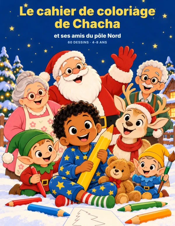 Couverture du cahier de coloriage de Chacha et ses amis du pôle Nord : Chacha tient un grand crayon, entouré de Caramel, du Père Noël, de Mamie Rose, de Papi Jo, des lutins Pipo et Tilou et du renne Flocon