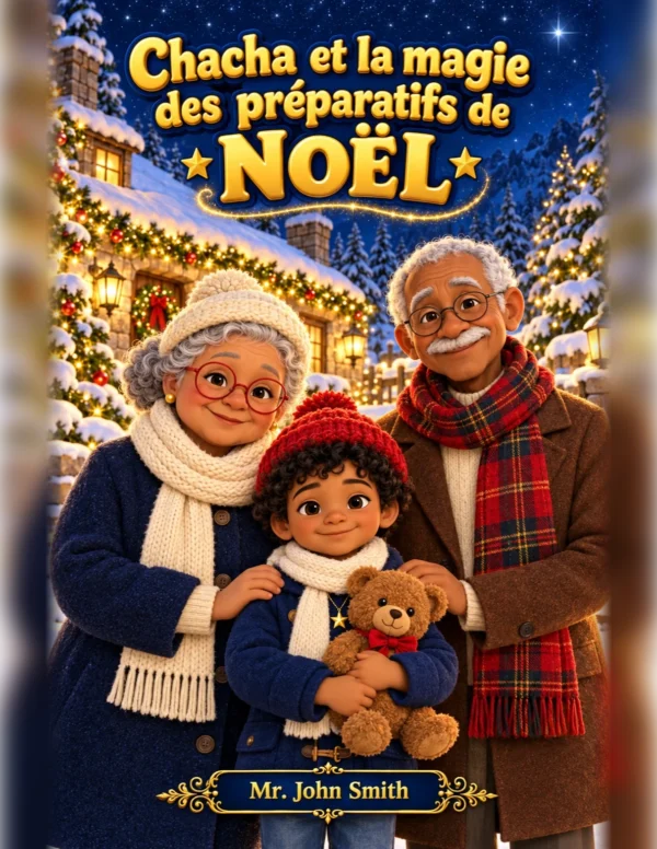 Couverture du livre Chacha et la magie des préparatifs de Noël : Chacha, son ours Caramel, Mamie et Papi devant une maison enneigée illuminée