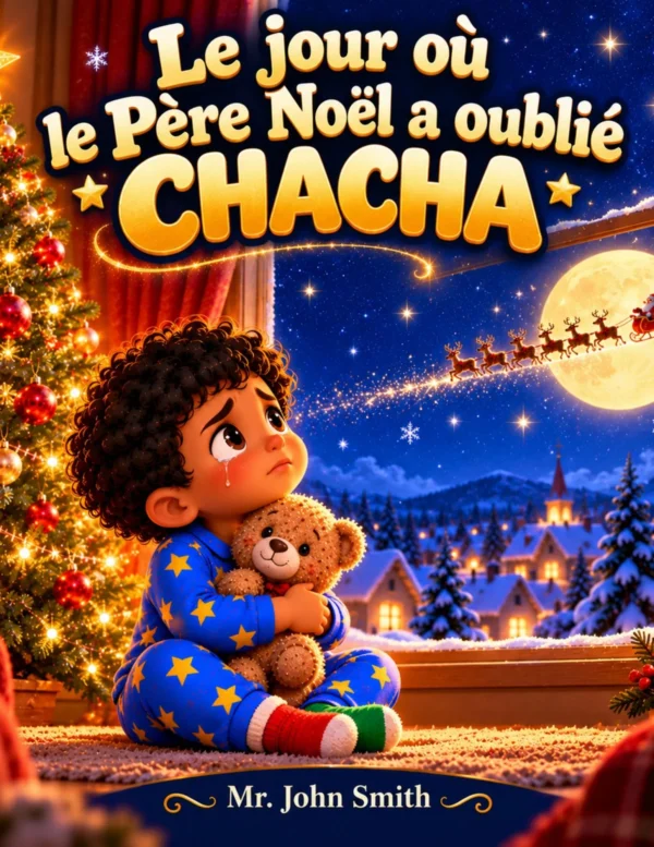 Couverture du livre Le jour où le Père Noël a oublié Chacha : Chacha en pyjama étoilé serre son ours Caramel près du sapin et regarde passer le traîneau du Père Noël
