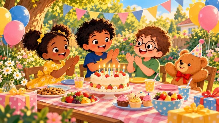 Chacha et ses amis applaudissent devant un gâteau aux bougies allumées, dans un jardin décoré de ballons