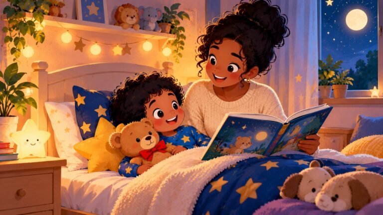 Le soir, Chacha, blotti dans son lit étoilé avec Caramel, écoute une adulte lui lire une histoire
