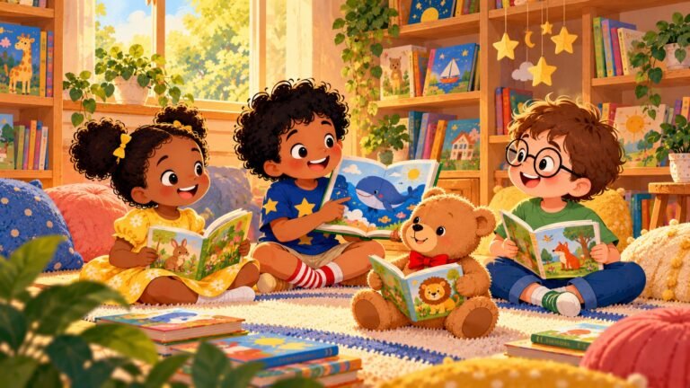Chacha et ses amis lisent des albums sur un tapis ; Caramel tient lui aussi un livre